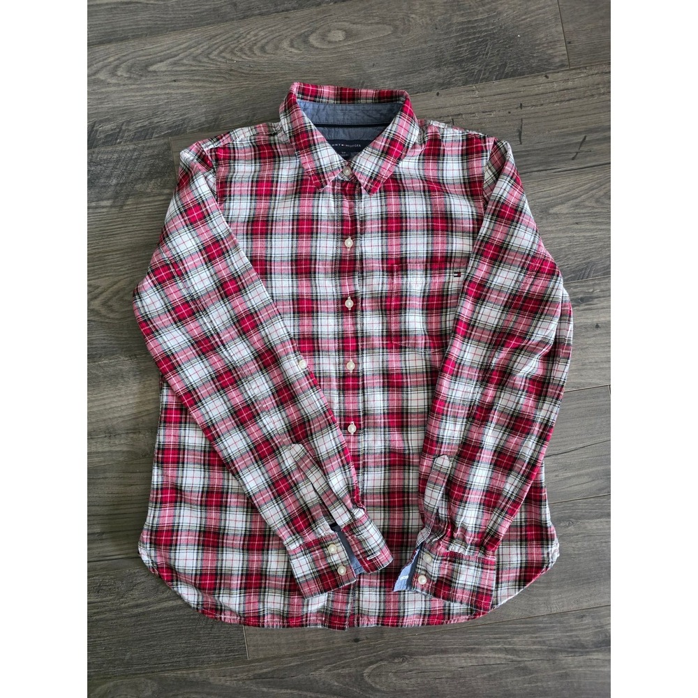 Women's szโ Small Tommy Hilfiger Red Plaid Button Down Shirt Cotton Long Sleeve